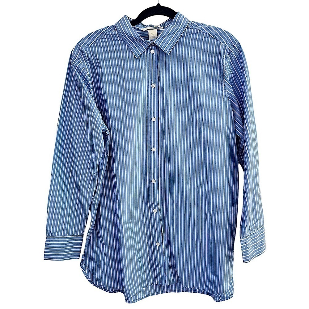 H&M Light Blue and White Striped Long Sleeve Tunic Shirt Blouse Size Small